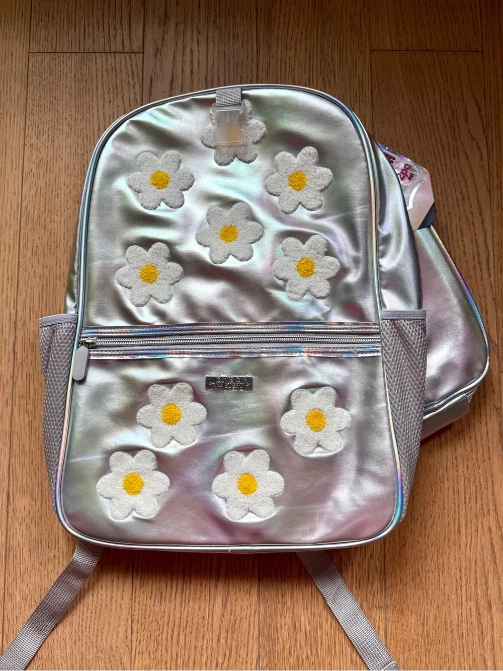 Iridescent Silver Girls Backpack with Daisy Appliqués